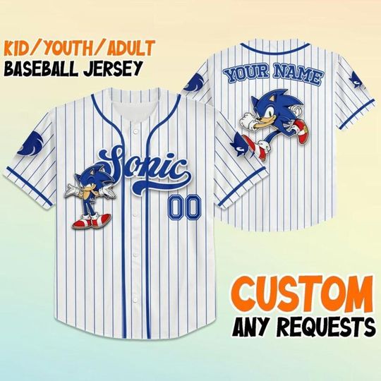 Personalized Sonic the Hedgehog Baseball Jersey,  Custom Name & Number  Kids, Youth, Adult Sizes, Retro Gamer Jersey,  Sonic Birthday Gif