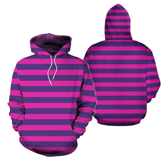 Pink and Purple Striped Cheshire Cat Unisex Hoodie Cosplay Halloween Shirt Pullover Fleece Party Top Men Women Costume 2XS 6XL Plus Size