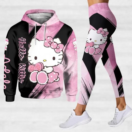 Personalized Hello Kitty Hoodie, Kitty Cat 3D Hoodie, Kawaii Kitty Leggings, Cute Cat Leggings For Women, Cat Lovers Gift, Animation Tee