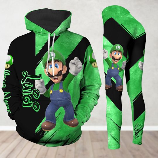 Personalized Luigi Hoodie And Leggings, Super Mario Character Shirt, Video Game Hoodie, Women Leggings, Game Lover Shirt Gift For Gamer