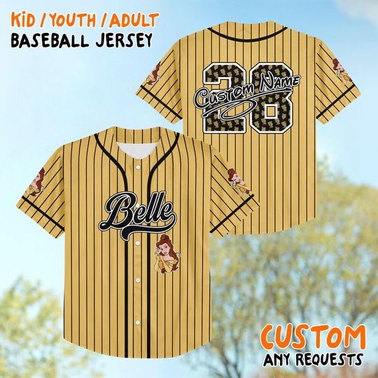 Personalized Disney Princess Belle Beauty and the Beast Jersey, Custom Kid Youth Adult Disney Baseball Jersey, Birthday Gift for Disney Fan
