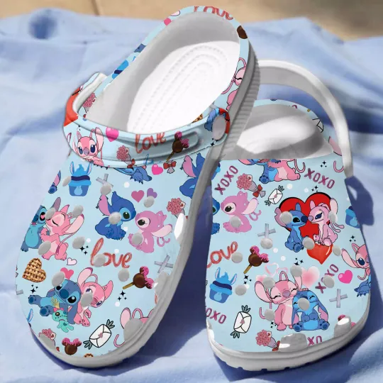 Love Couple Stitch And Angel Blue Clogs