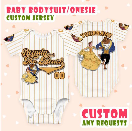 Customized Beauty The Beast The Movie Yellow Baby Body Suit Jersey, Princess Belle And Beast Custom Baby Onesie, Jersey for Kids