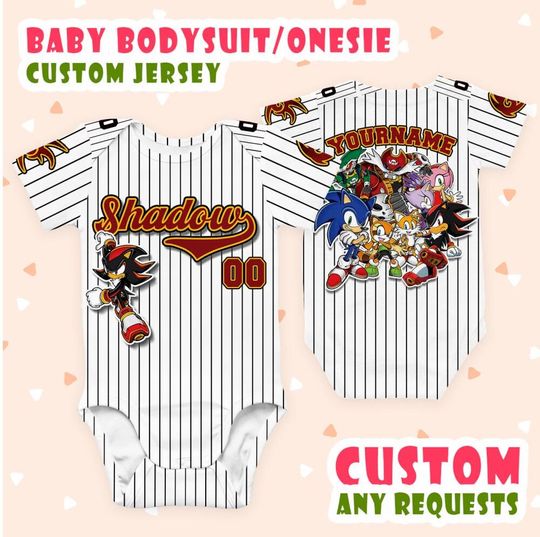 Customized Shadow The Hedgehog White Stripe Baby Body Suit Jersey, Custom Number Name Sonic 3 Movie Baby Onesie, Shadow Fan Gift