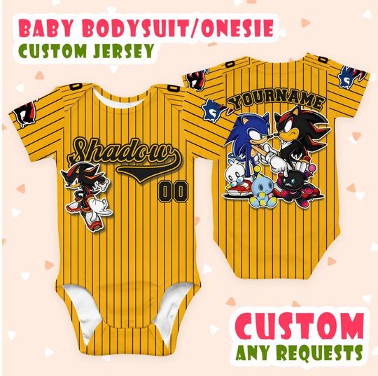 Customized Shadow The Hedgehog Yellow Stripe Baby Onesie Jersey, Custom Number Name Sonic 3 Movie Baby Body Suit, Shadow Fan Gift