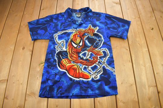 Vintage 2002 Spiderman All Over Print Button Up T-Shirt / Marvel Spiderman / Superhero All Over Print / Y2K Style / Marvel Comics