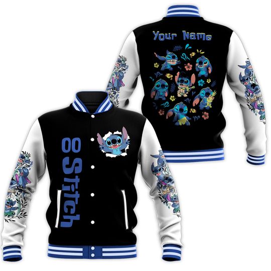 Custom Stitch Black Baseball Jacket, Adult Varsity Jacket, Personalized Disney