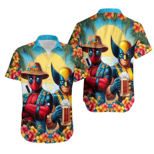 Deadpool And Wolverine Button Shirt, Disney Marvel Friends Hawaii Shirt, Disney Best Friends Shirt, Deadpool Hawaiian Shirt, Summer Shi