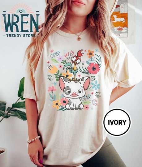 Retro Disney Moana Shirt, Hei Hei and Pua Floral Comfort Colors Shirt, Moana Princess Shirt, Disneyland Trip 2024 Shirt, Disneyworld Shirts