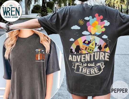 Retro Two-sided Disney Pixar Up House Balloons Adventure Is Out There Shirt, Disney Up Characters Carl Ellie Russell Dug Dog Shirt