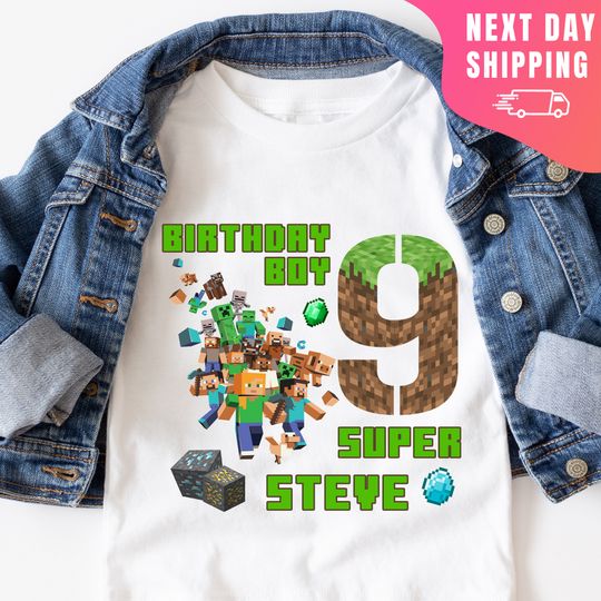 Personalized Minecraft Kids Birthday Shirt, Mine Birthday Shirt, Custom Name Age Birthday Boy, Happy Birthday, Birthday Boy Minecraft Shirt