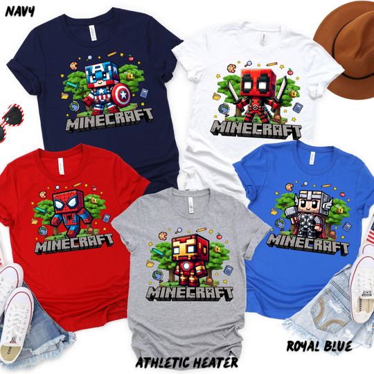 Minecraft Superhero T-Shirt  Kids Birthday Gift, Gamer Shirt, Captain America, Spider-Man, Iron Man, Thor, Deadpool Tee, Boys Gamer Tee