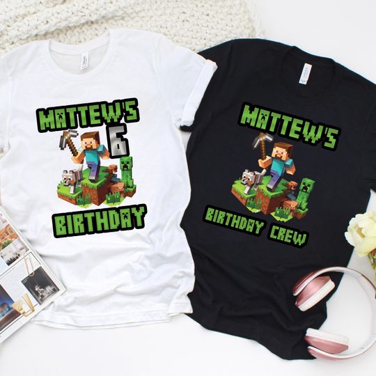 Personalized Minecraft Birthday Kids Shirts Custom Family Matching Gamer T-Shirts | Mine Craft Matching Kids Birthday Shirts Gamers Gift