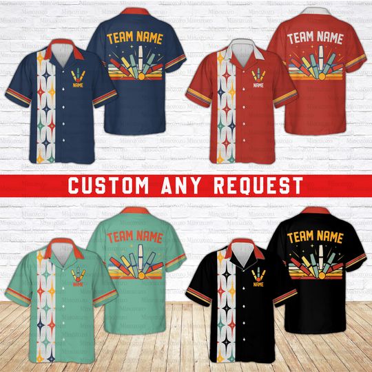 Personalized Candlepin Bowling Hawaiian Shirt, Custom Name Bowler Button Up Shirt, Starburst Bowling Team, Retro Candle Pin Bowling Squad