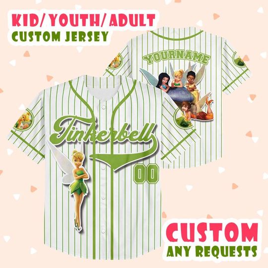 Customized Tinkerbell Princess Disney Cartoon Movie Baseball Jersey, Tinker Bell Custom Name Number Jersey, Jersey For Kids