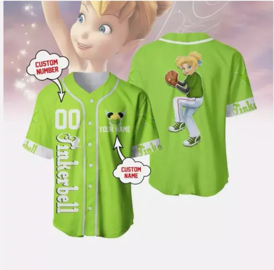 Personalized Tinker Bell Playing Baseball Peter Pan Fans3D Baseball Jersey Shirt