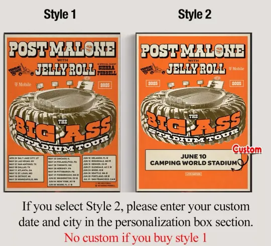 Post Malone and Jelly Roll US 2025 Stadium Tour Poster Custom Date & City Poster