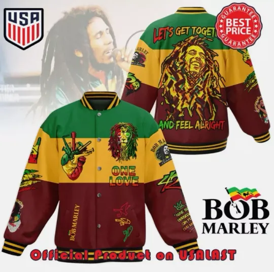 Bob Marley One Love Lets Get Together And Feel Alright Baseball Jacket