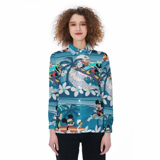 Mickey Mouse Surfing Women Blouses Shirt, Mickey Casual Long Sleeve Button Down Shirt, Cartoon Women Blouses Shirt, Magic Kingdom Trip Shirt