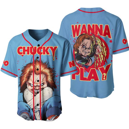 Chucky Baseball Jersey, Chucky Wanna Play Horror Baseball Shirt, Chucky Doll Jersey, Childs Play Horror Movie T-Shirt, Chucky Lover Gif