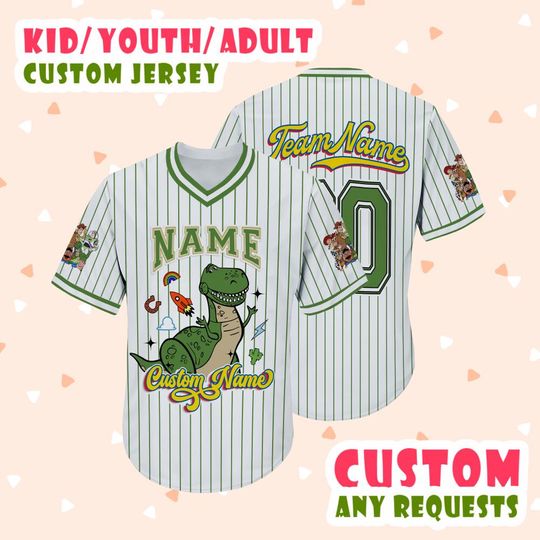 Personalized Toy Story Movies Vneck Jersey, Custom Rex Dinosaur Vneck Baseball Jersey, Family Trip 2025 Jersey, Jersey For Kids