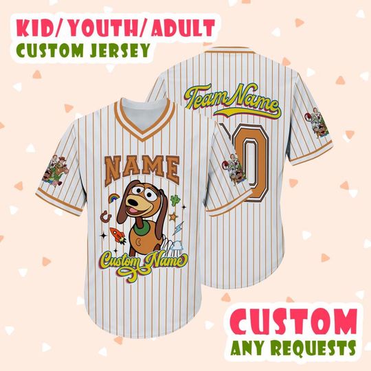 Personalized Toy Story Movies Vneck Jersey, Custom Slinky Dog Vneck Baseball Jersey, Family Trip 2025 Baseball Jersey