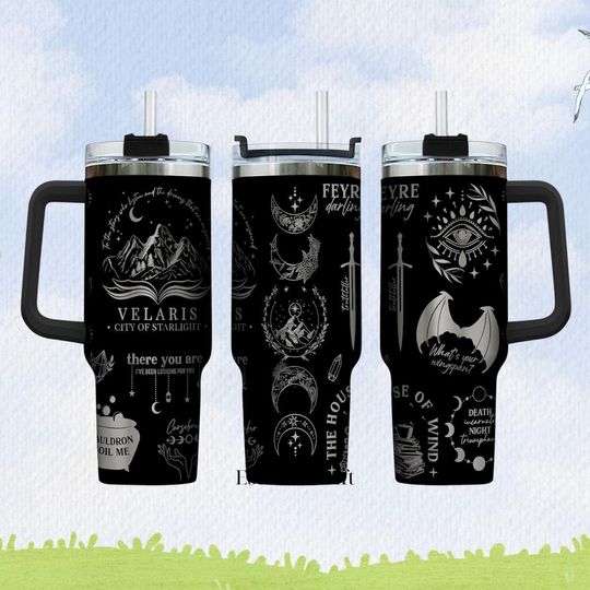 Velaris Fantasy Book Engraved Tumbler, House of Wind ACOTAR Cup, Black 40oz Cup for Booktok Fans and Readers, Gift For Friends