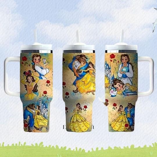Beauty and the Beast Tumbler 40oz, Belle and Beast Love Story Mug, Enchanted Rose Cup with Handle, Disney Princess Tumbler Gift