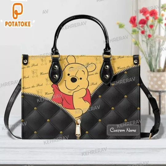 Personalized Winnie The Pooh Leather Handbag, Pooh Bear Lovers Leather Bag Gift