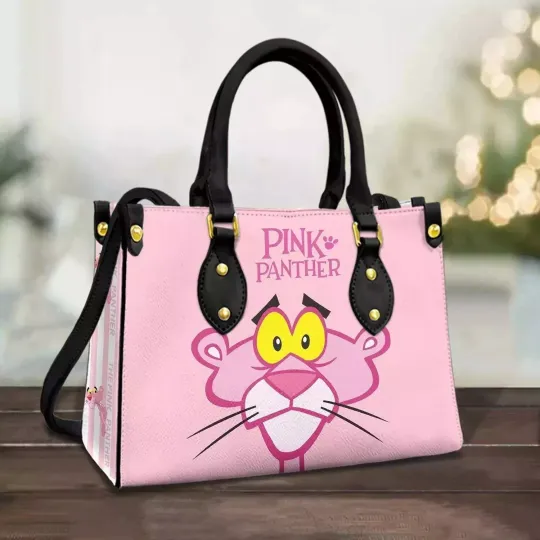 Personalized Pink Panther Leather Handbag, Pink Panther Cartoon Lovers Gift
