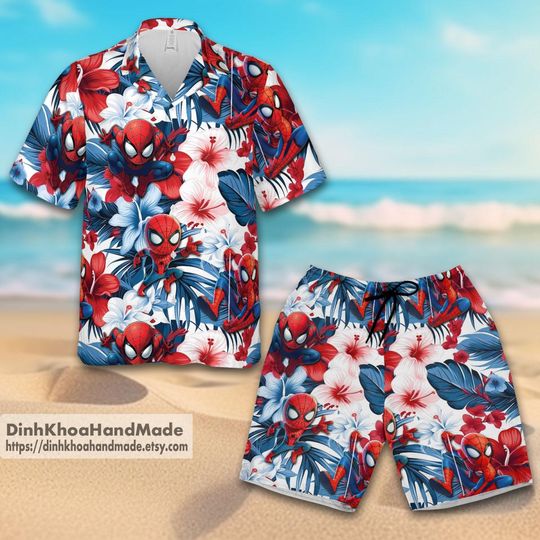 Custom Disney Spiderman Hawaiian Shirt And Shorts, Superhero Shirt, Disney Marvel Hawaiian Shirt, Marvel Aloha Shirt
