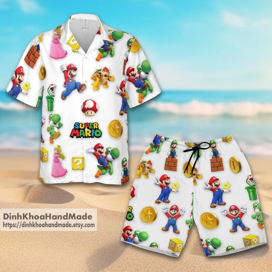 Super Mario Hawaiian Shirt And Short, Super Mario Shirt, Super Mario Birthday Boy Shirt, Family Vacation Hawaiian Shirt