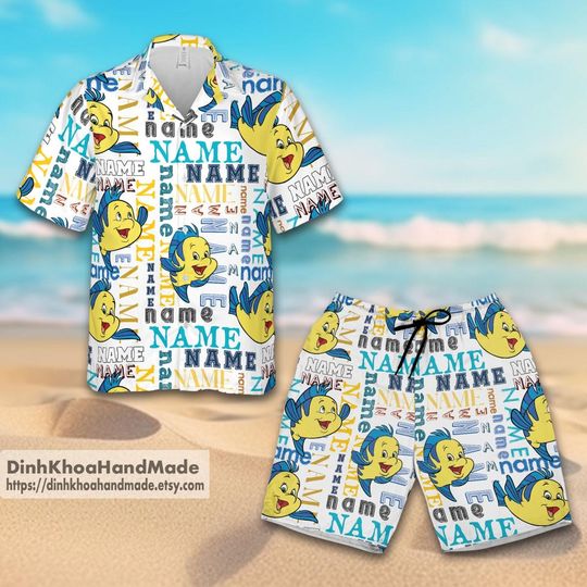 Personalized Flounder Hawaiian Shirt, Flounder Face Disney Summer Shirt, The Little Mermaid Hawaiian Shirt For Family Gift Shirt