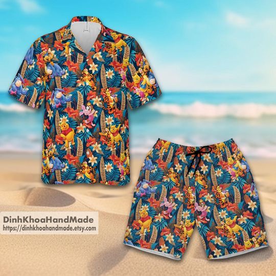 Winnie the Pooh Vacation Hawaiian Shirt And Shorts, Pooh And Friends Summer Aloha Hawaii Shirt, Cartoon Summer Tee