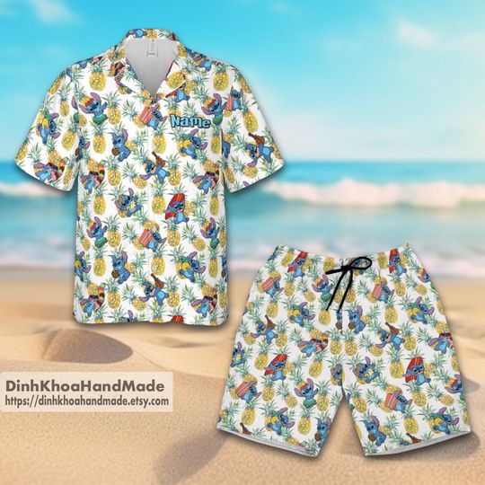 Stitch Aloha Hawaiian Shirt And Shorts, Stitch Summer Beach Hawaii Shirt, Disneyland Hawaii Shirt, Family Vacation Shirt, Stitch Lover Gift