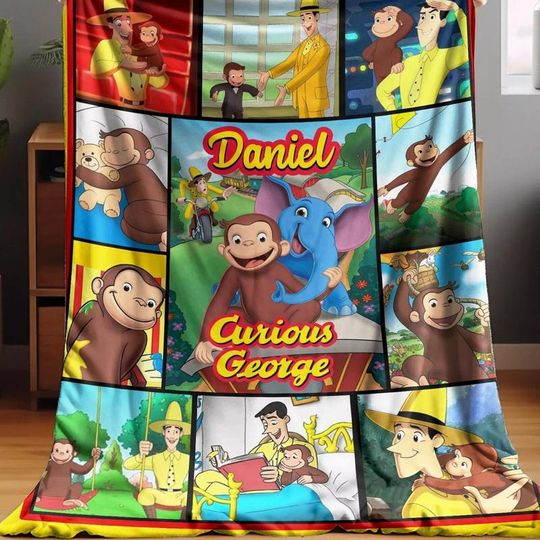 Personalized Curious George Baby Blanket, Custom name Blanket, Gifts Sofa Bed, Birthday Gifts