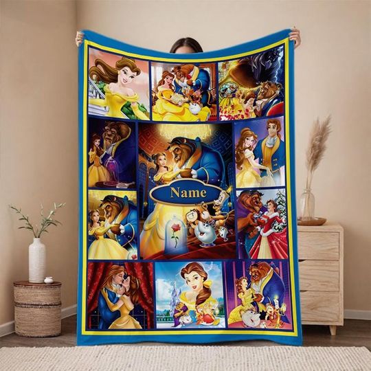 Beauty And The Beast Blanket, Frame Style Border, Embroidery, Baby Shower Gift, Belle And Beast Dance Cotton Print & Minky Belle