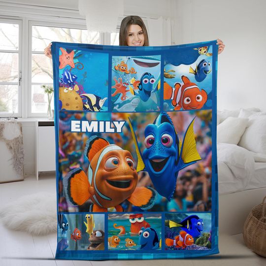 Personalized Disney Pixar Finding Nemo Blanket, Custom Name Finding Dory Baby, Baby Birthday Gift, WDW Disneyland Just Keep Swimming