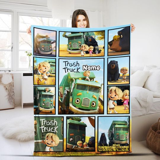Trash Truck Blanket, Personalized Trash Truck Fleece Blanket, Custom Name Family Blanket, Birthday Gifts for Kids,Christmas Gifts