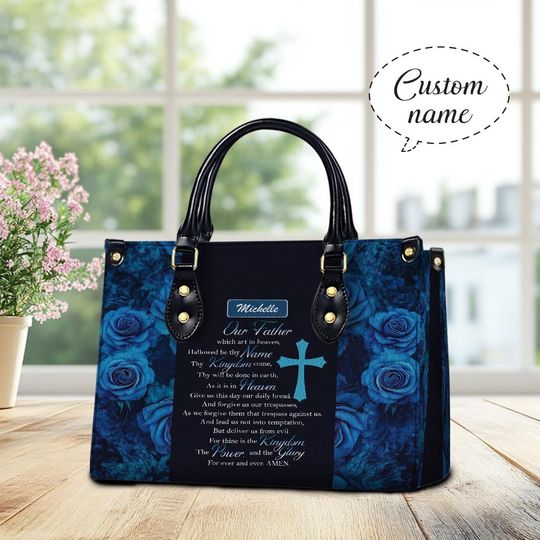 Our Father Prayer Leather Handbag, Christian Floral Leather Handbag, Handbag Mothers Day Gift for Mom