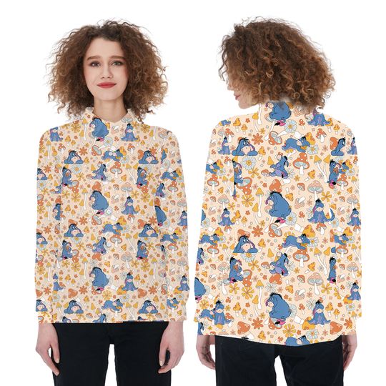 mushroom Winnie The Pooh Eeyore 3D All Print over Women Blouses Shirt,Eeyore Women Casual Shirt,Eeyore Casual Long Sleeve Button Down Shirt