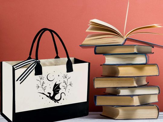 Dragon Floral Tote Bag, Fantasy Dragon Book Bag, Reading Gift, Bookworm Bag, Reading Bag, Gift For Bookworm, Librarian Gift, Book Nerd Bag