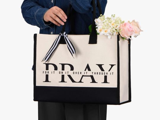 Religious Canvas Tote Bag with Ribbon,Pray On It Over It Through It, Christian Tote Bag, Religious Tote Bag, Blessed Tote Bag,Bible Tote Bag