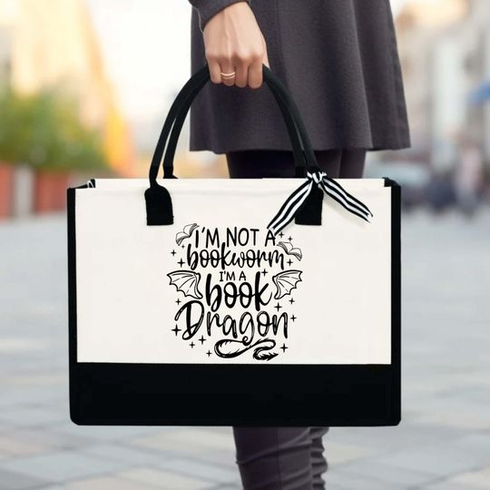 Fantasy Reader Tote Bag, Book Lover Gift, Dragon Book Bag, Gift For Niece Daughter, Book Club Bag, Not a Bookworm Book Dragon Canvas Tote