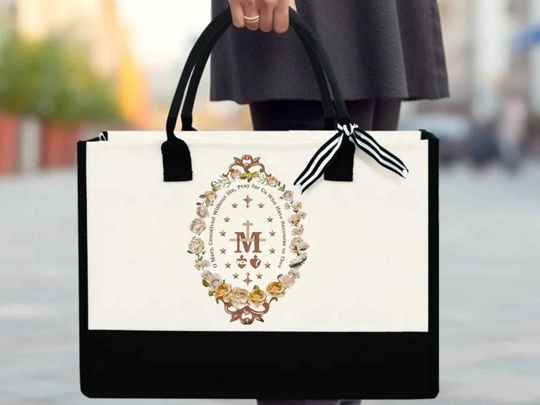 Catholic Tote Bag with Miraculous Medal Design, Canvas Tote Bag, Catholic Gift, Religious Gift, Mary Immaculate Tote Bag,Catholic Church Bag