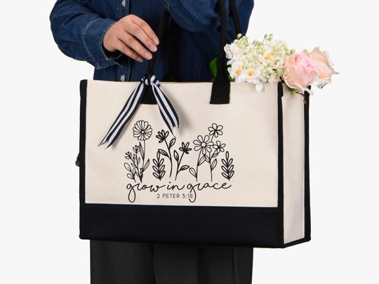 Christian Women Canvas Cotton Bag, Grow In Grace Bag, Wildflowers Tote, Christian Tote, Religious Bag, Bible Verse Tote, Bible Quotes Tote