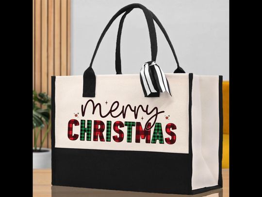 Large Christmas Tote Bag, Merry Christmas Bag, Xmas Party Bag, Canvas Tote with Ribbon, Holiday Gift Bag, Merry Christmas, Holiday Shopping