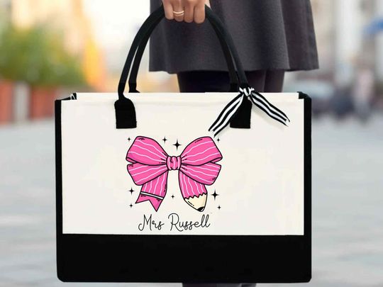 Personalized Teacher Bag - Custom Name Tote Bag, Mrs Gift, Teacher Appreciation Gift, Pencil Bow Teacher Tote, Personalized Gift for Teacher