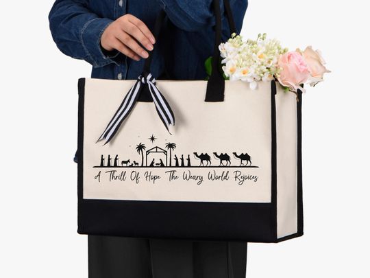 Large Christmas Tote Bag with Nativity Scene, Reusable Canvas Bag, A Thrill of Hope Holiday Gift, Religious Christmas Market Tote for Women