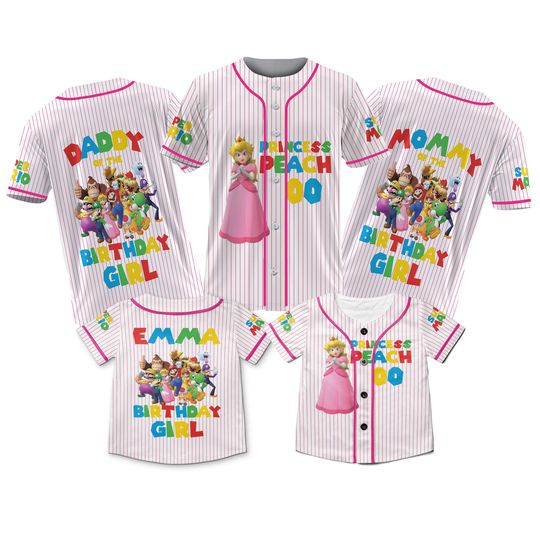 Personalized Princess Peach Birthday Girl Baseball Jersey, Super Mario Jersey Team, Birthday Girl Jerseys, Custom Mario Baseball Jerseys